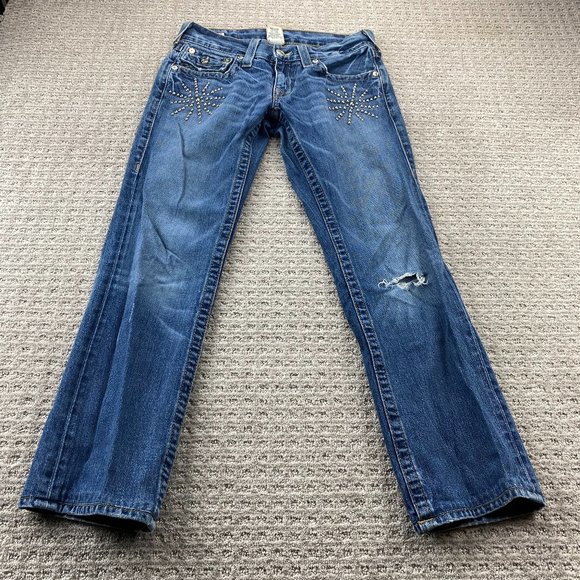 Vintage True Religion Jeans Women 29 Blue Denim Beaded Distressed Rip Ricky Pant - Picture 1 of 16
